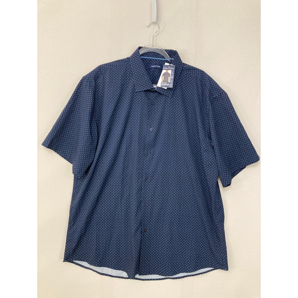 New Nautica Mens Performance Shirt XXL Blue Polka Dot Short Sleeve‎ Stretch